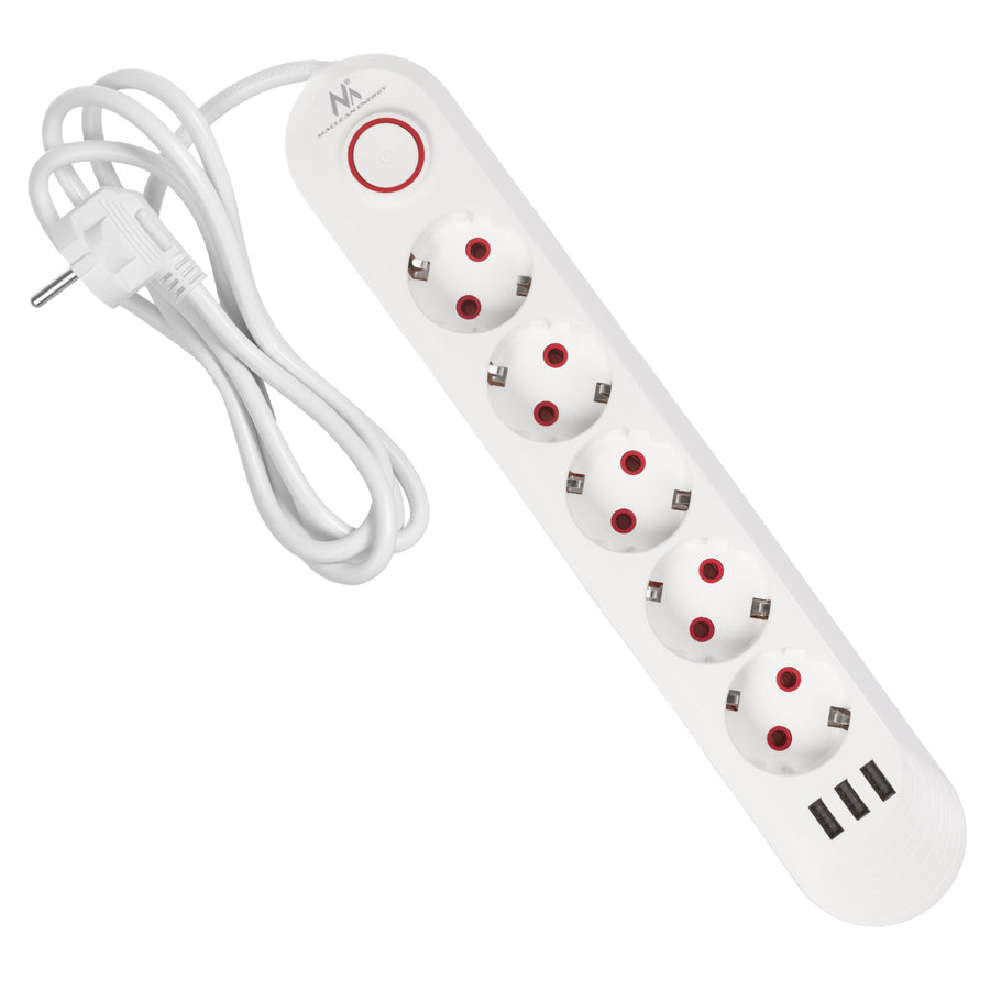 Bandă de alimentare Maclean, cablu prelungitor cu 5 prize + 3xUSB, 110-240V AC 50/60Hz, 2.1A max 2500W, 1.5m, alb, MCE395 W