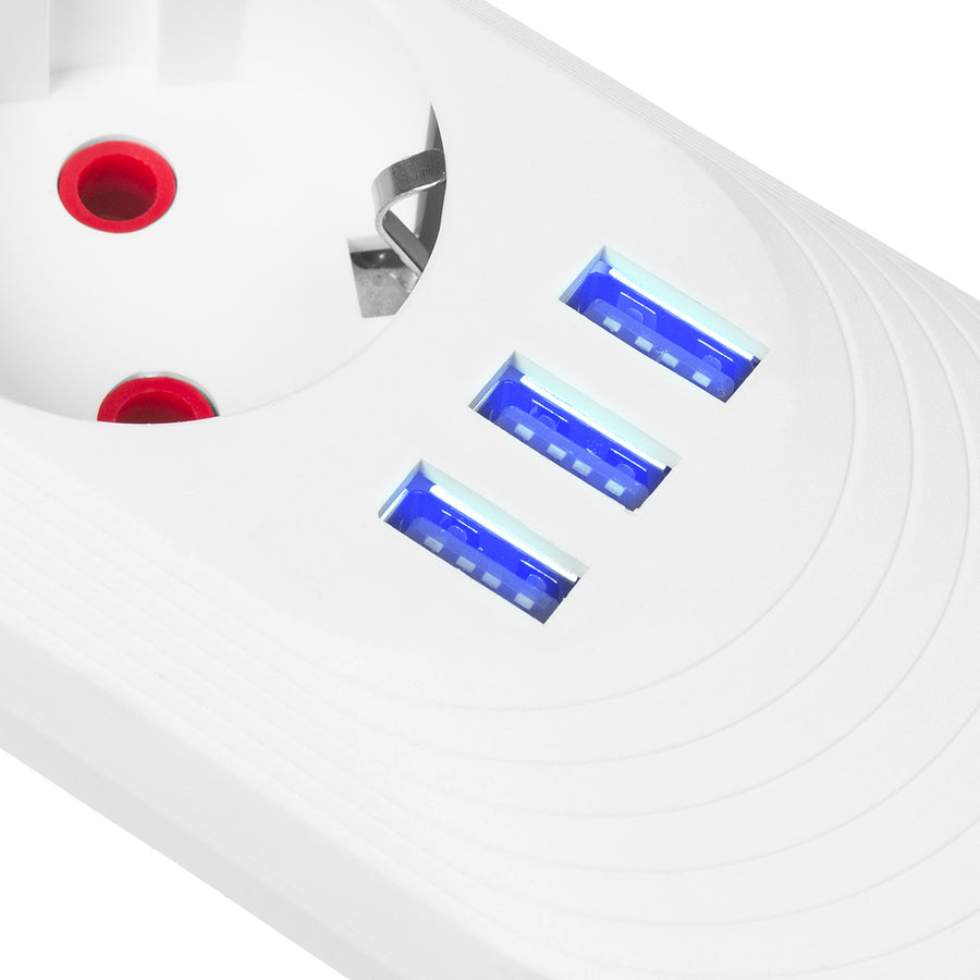 Bandă de alimentare Maclean, cablu prelungitor cu 5 prize + 3xUSB, 110-240V AC 50/60Hz, 2.1A max 2500W, 1.5m, alb, MCE395 W