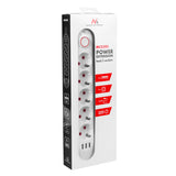 Bandă de alimentare Maclean, cablu prelungitor cu 5 prize + 3xUSB, 110-240V AC 50/60Hz, 2.1A max 2500W, 1.5m, alb, MCE395 W