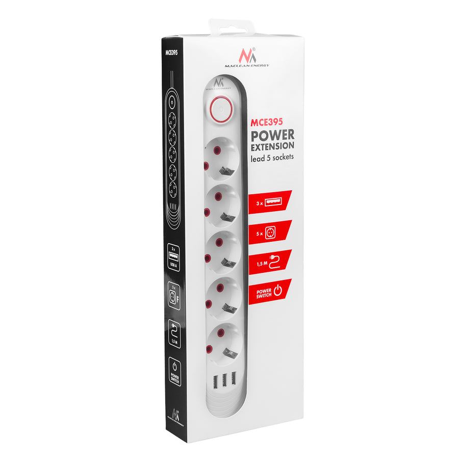 Bandă de alimentare Maclean, cablu prelungitor cu 5 prize + 3xUSB, 110-240V AC 50/60Hz, 2.1A max 2500W, 1.5m, alb, MCE395 W