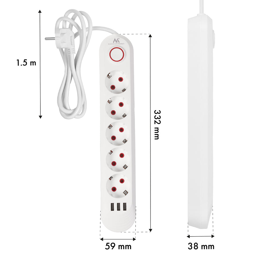 Bandă de alimentare Maclean, cablu prelungitor cu 5 prize + 3xUSB, 110-240V AC 50/60Hz, 2.1A max 2500W, 1.5m, alb, MCE395 W