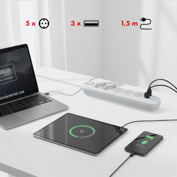 Bandă de alimentare Maclean, cablu prelungitor cu 5 prize + 3xUSB, 110-240V AC 50/60Hz, 2.1A max 2500W, 1.5m, alb, MCE395 W