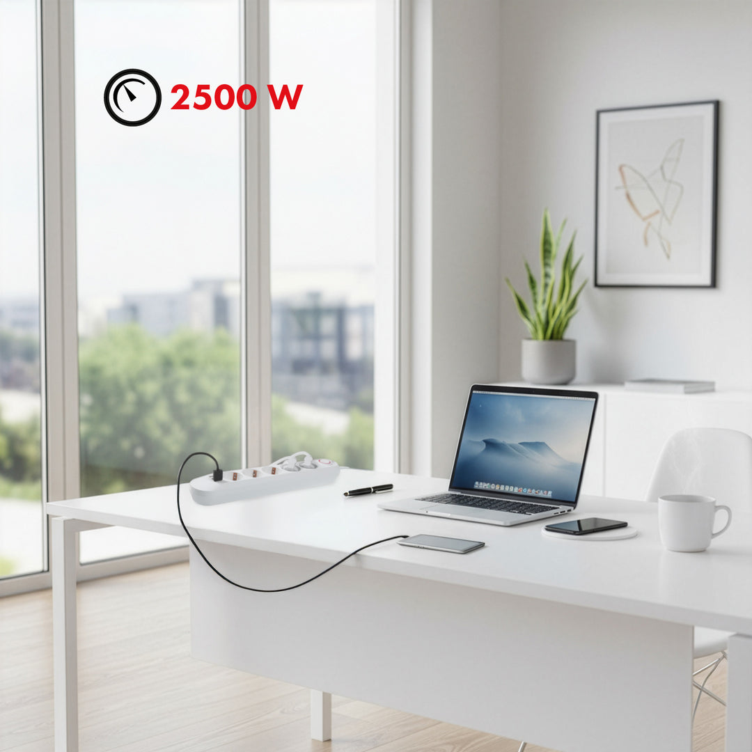 Bandă de alimentare Maclean, cablu prelungitor cu 5 prize + 3xUSB, 110-240V AC 50/60Hz, 2.1A max 2500W, 1.5m, alb, MCE395 W