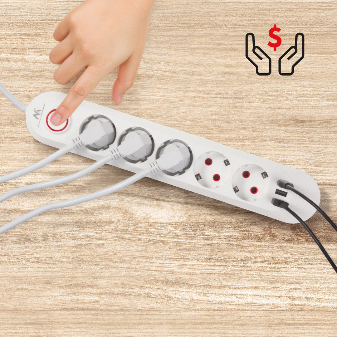 Bandă de alimentare Maclean, cablu prelungitor cu 5 prize + 3xUSB, 110-240V AC 50/60Hz, 2.1A max 2500W, 1.5m, alb, MCE395 W
