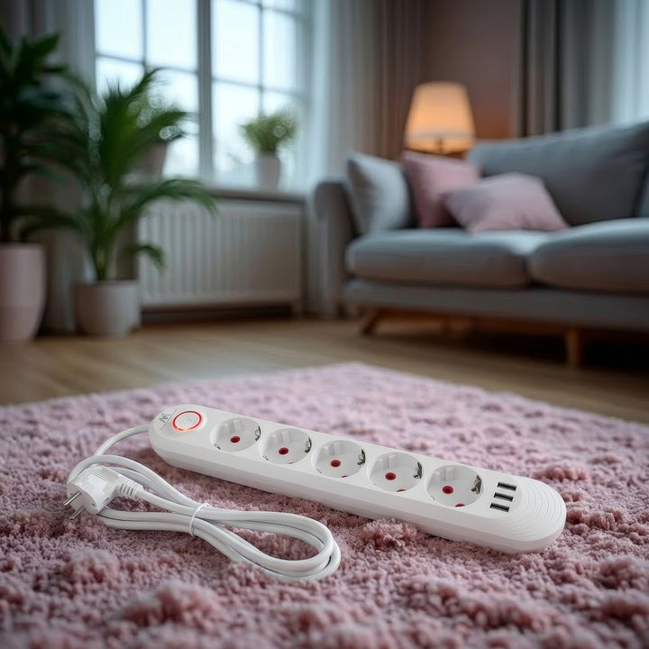 Bandă de alimentare Maclean, cablu prelungitor cu 5 prize + 3xUSB, 110-240V AC 50/60Hz, 2.1A max 2500W, 1.5m, alb, MCE395 W