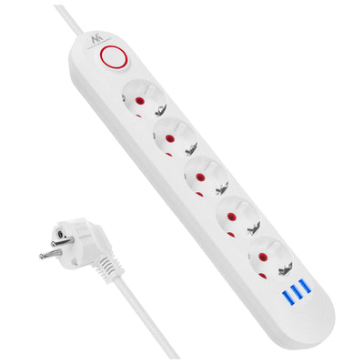 Bandă de alimentare Maclean, cablu prelungitor cu 5 prize + 3xUSB, 110-240V AC 50/60Hz, 2.1A max 2500W, 1.5m, alb, MCE395 W