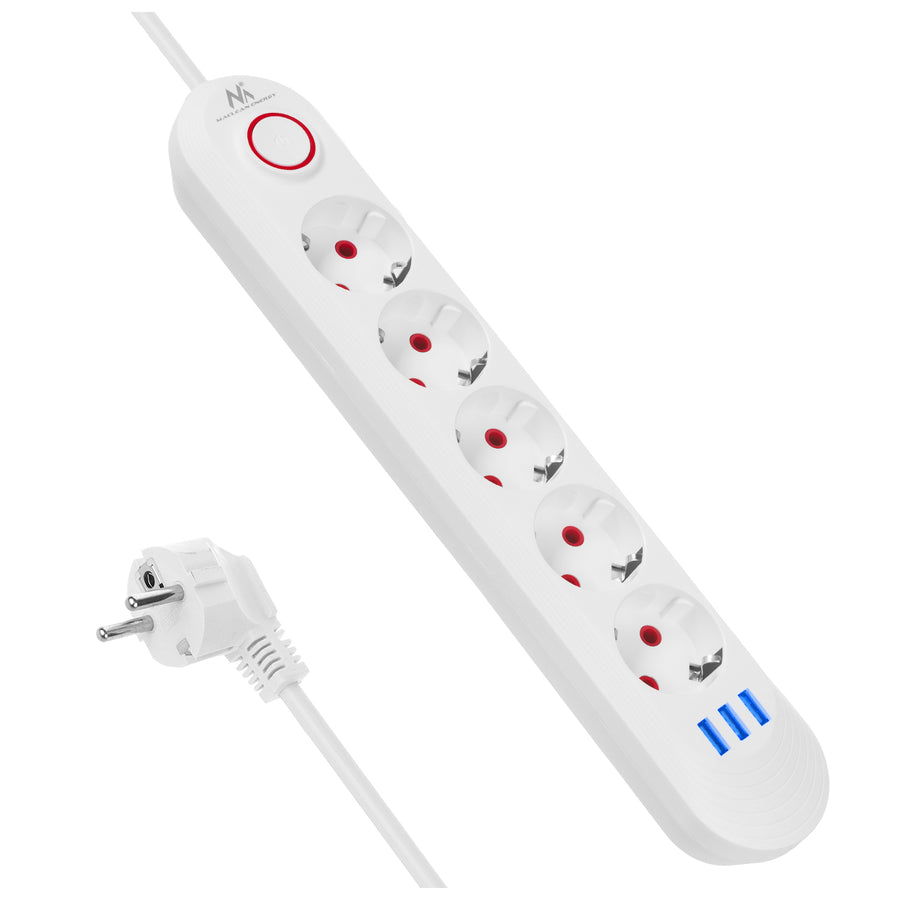 Bandă de alimentare Maclean, cablu prelungitor cu 5 prize + 3xUSB, 110-240V AC 50/60Hz, 2.1A max 2500W, 1.5m, alb, MCE395 W
