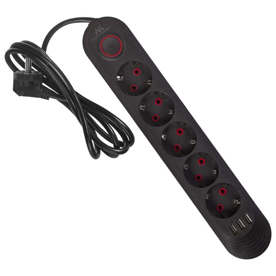 Bandă de alimentare Maclean, cablu prelungitor cu 5 prize + 3xUSB, 110-240V AC 50/60Hz, 2.1A max 2500W, 1.5m, negru, MCE395 B