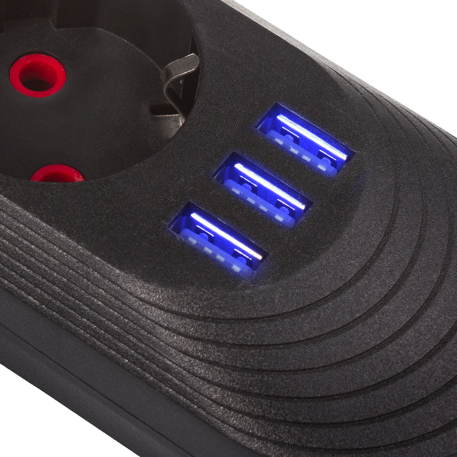 Bandă de alimentare Maclean, cablu prelungitor cu 5 prize + 3xUSB, 110-240V AC 50/60Hz, 2.1A max 2500W, 1.5m, negru, MCE395 B
