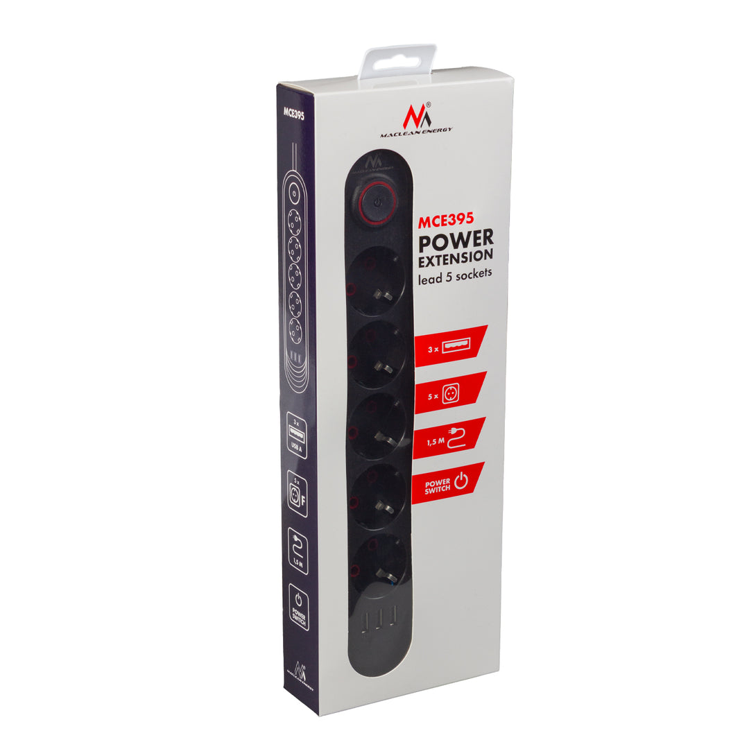 Bandă de alimentare Maclean, cablu prelungitor cu 5 prize + 3xUSB, 110-240V AC 50/60Hz, 2.1A max 2500W, 1.5m, negru, MCE395 B