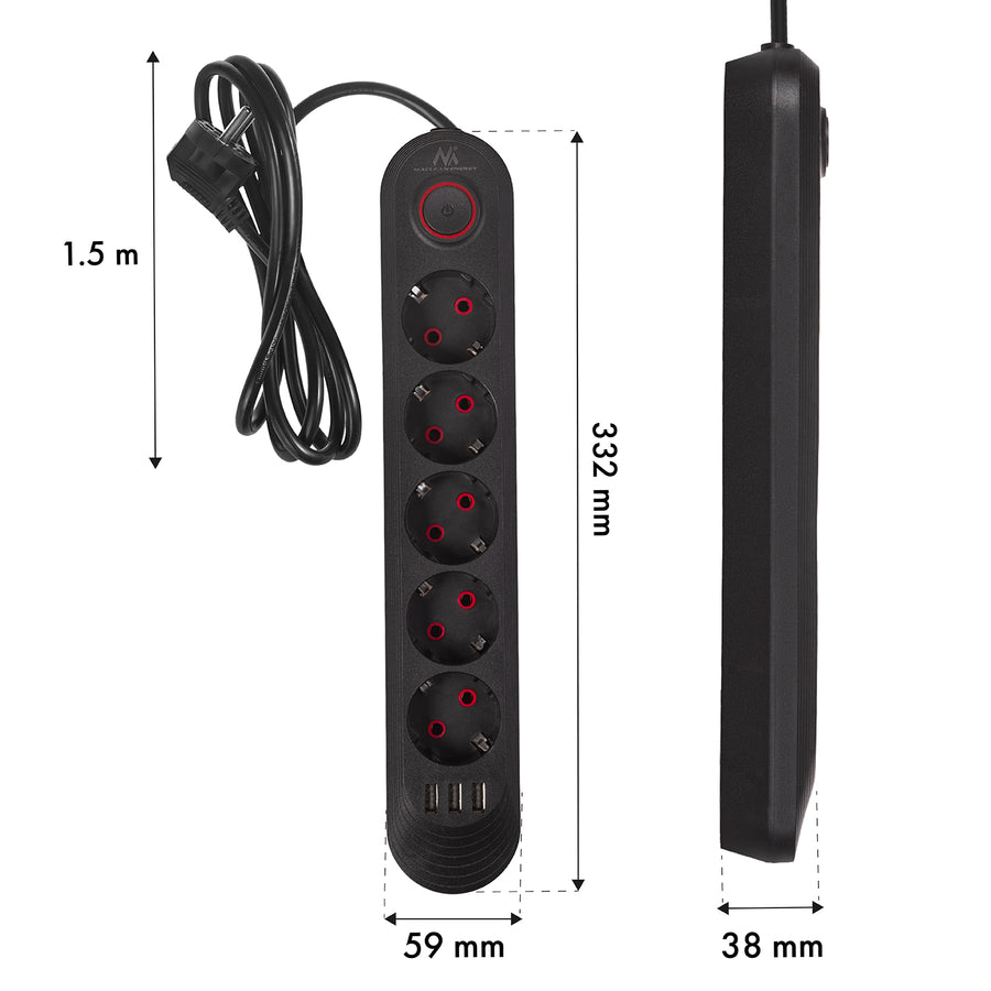 Bandă de alimentare Maclean, cablu prelungitor cu 5 prize + 3xUSB, 110-240V AC 50/60Hz, 2.1A max 2500W, 1.5m, negru, MCE395 B