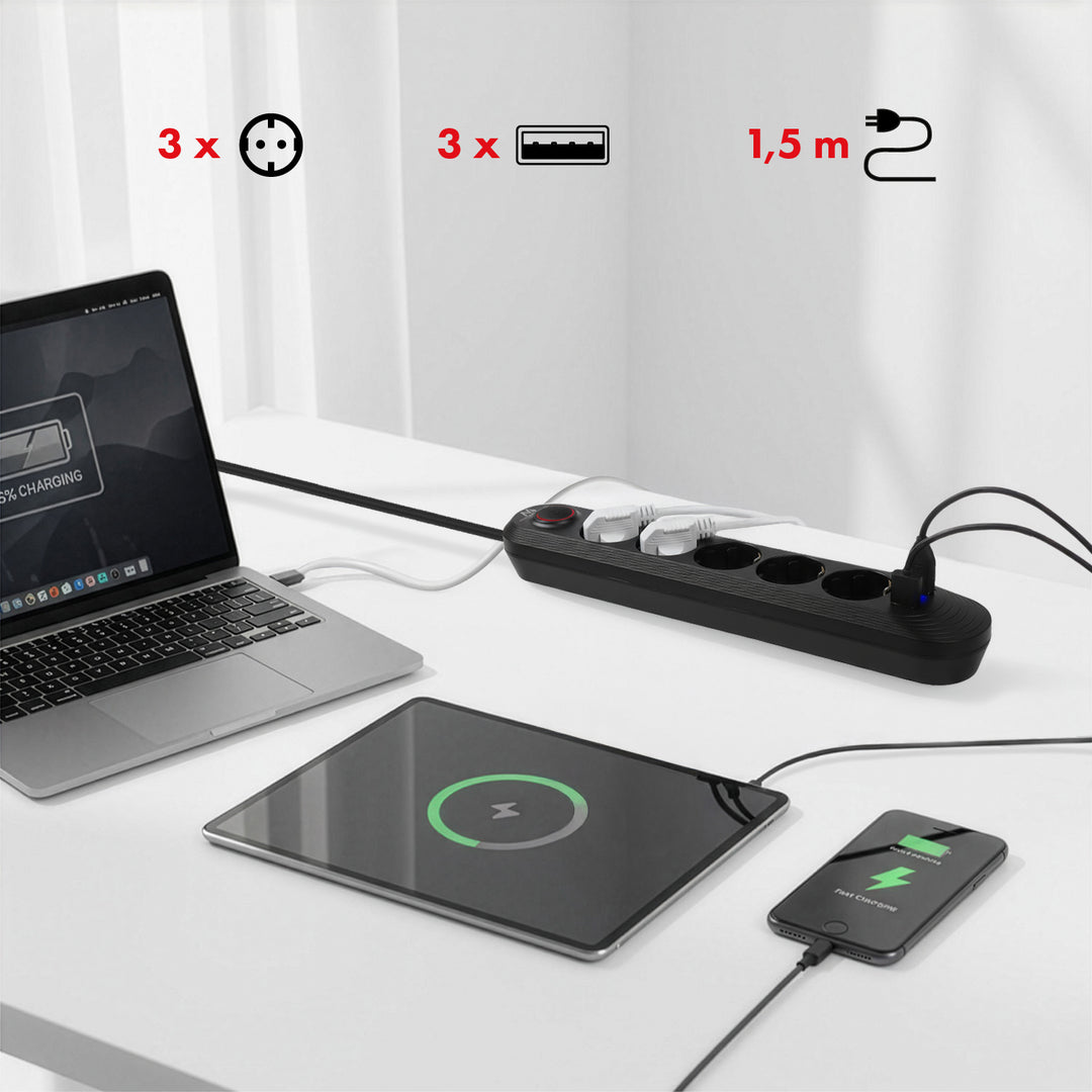 Bandă de alimentare Maclean, cablu prelungitor cu 5 prize + 3xUSB, 110-240V AC 50/60Hz, 2.1A max 2500W, 1.5m, negru, MCE395 B