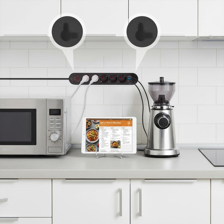 Bandă de alimentare Maclean, cablu prelungitor cu 5 prize + 3xUSB, 110-240V AC 50/60Hz, 2.1A max 2500W, 1.5m, negru, MCE395 B