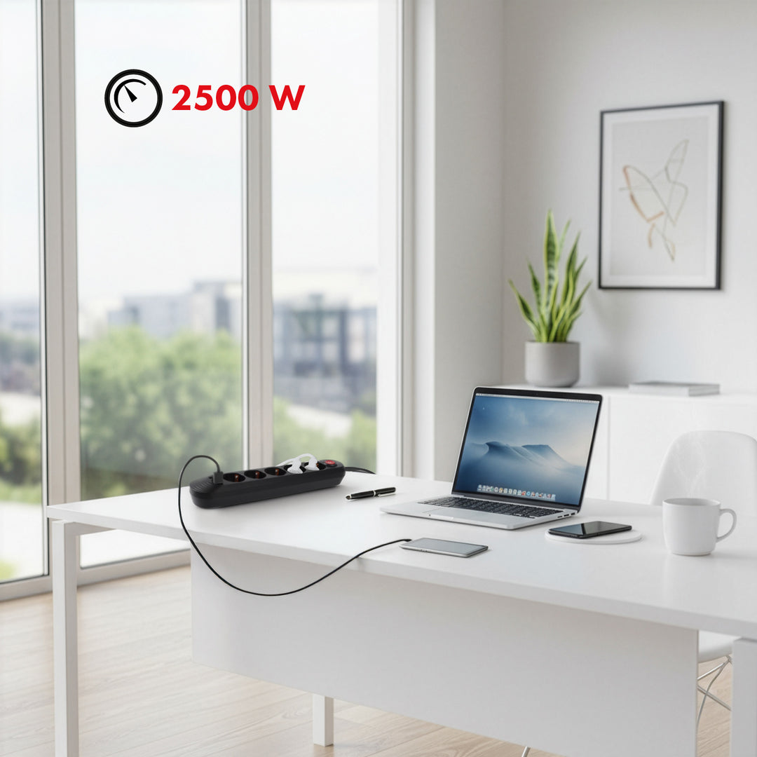 Bandă de alimentare Maclean, cablu prelungitor cu 5 prize + 3xUSB, 110-240V AC 50/60Hz, 2.1A max 2500W, 1.5m, negru, MCE395 B