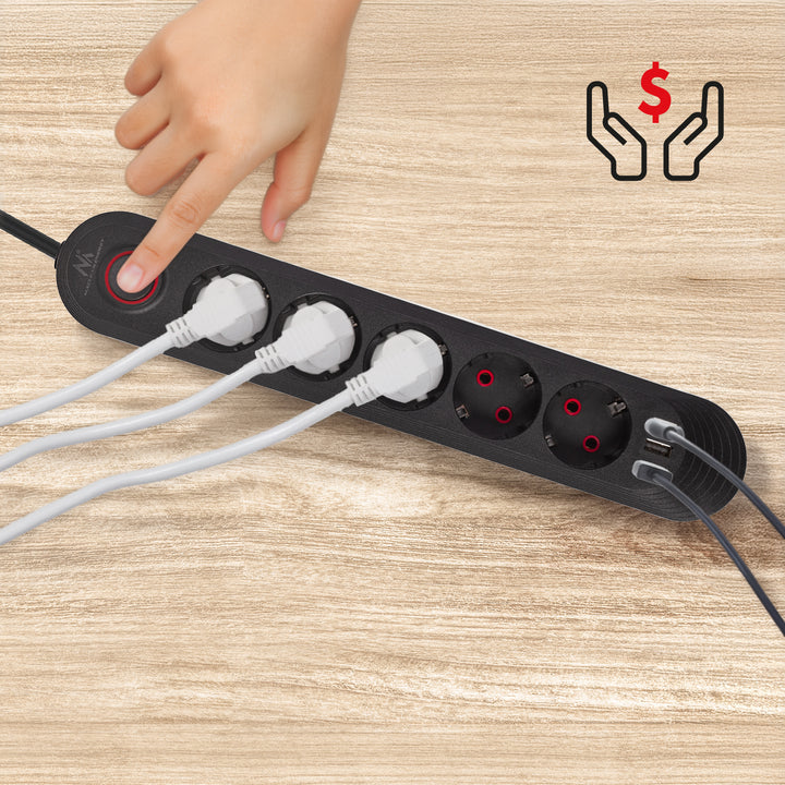 Bandă de alimentare Maclean, cablu prelungitor cu 5 prize + 3xUSB, 110-240V AC 50/60Hz, 2.1A max 2500W, 1.5m, negru, MCE395 B