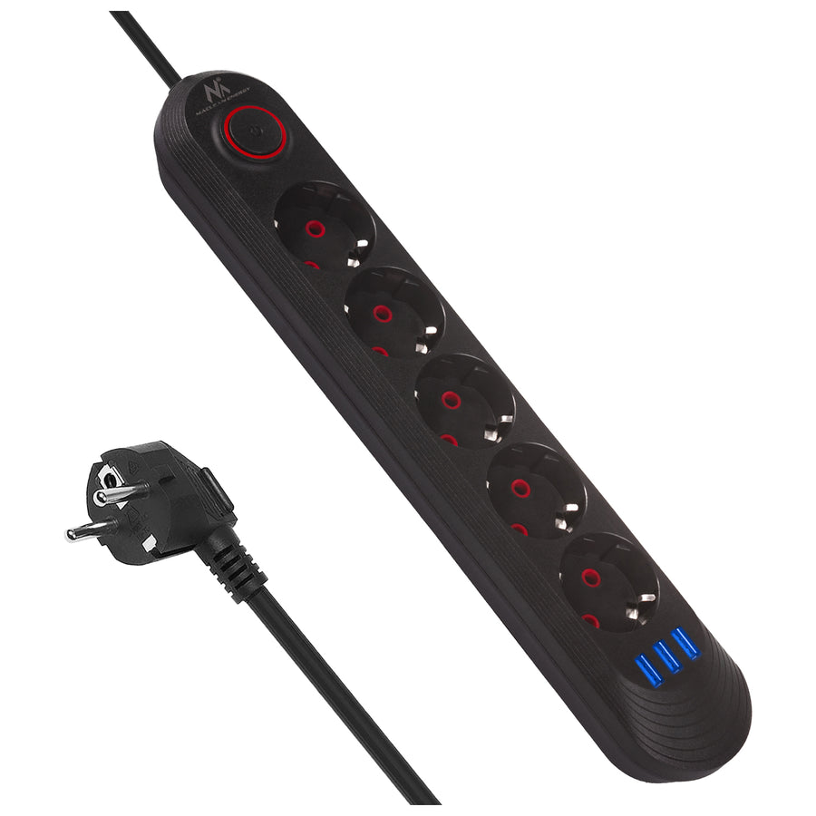 Bandă de alimentare Maclean, cablu prelungitor cu 5 prize + 3xUSB, 110-240V AC 50/60Hz, 2.1A max 2500W, 1.5m, negru, MCE395 B