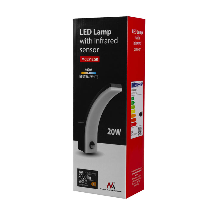 Lampă LED cu senzor de mișcare Maclean, senzor de mișcare PIR, gri, 20W, IP65, 2000lm, alb neutru (4000K) MCE512 GR, 2 bucăți