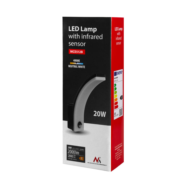 Lampă LED cu senzor de mișcare Maclean, senzor de mișcare PIR, negru, 20W, IP65, 2000lm, alb neutru (4000K) MCE512 B, 2 bucăți