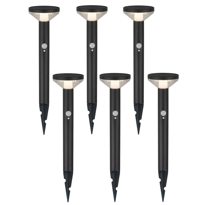 Set 6 lampi LED solare de gradina Maclean MCE465 B, cu senzor, 3 moduri, Li-ion 18650, IP44, 3.7V, 1200 mAh, negru