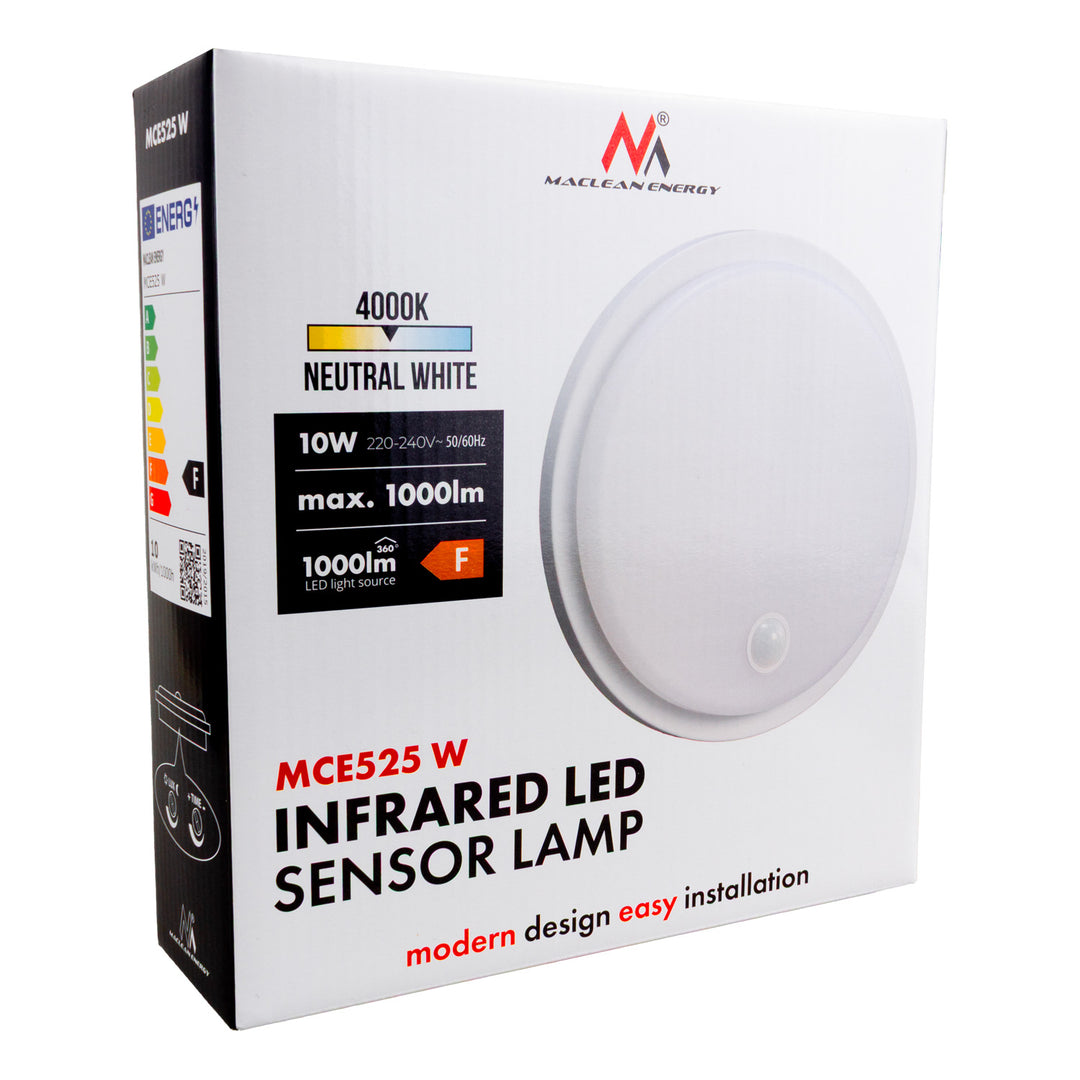 Lampă LED Maclean cu senzor de mișcare, senzor PIR, albă, 10 W, IP65, 1000 lm, culoare neutră, MCE525 W