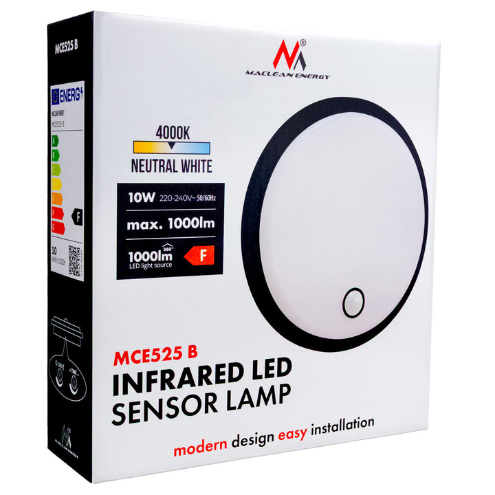 Lampa LED Maclean cu senzor de mișcare, senzor PIR, negru, 10 W, IP65, 1000 lm, culoare neutră, MCE525 B