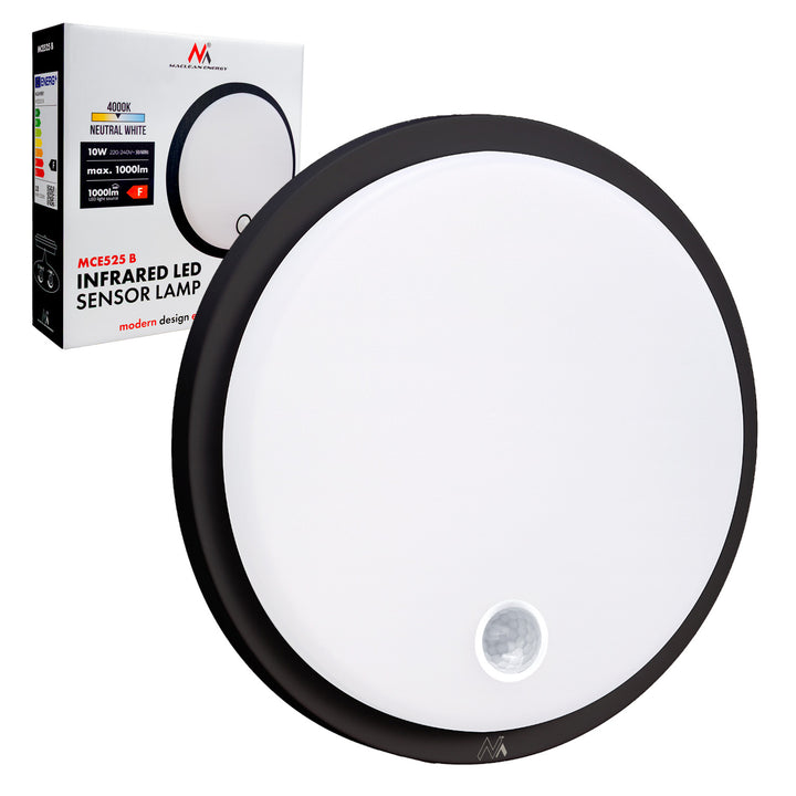 Lampa LED Maclean cu senzor de mișcare, senzor PIR, negru, 10 W, IP65, 1000 lm, culoare neutră, MCE525 B