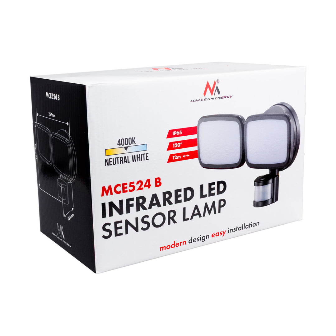 Lampă de perete LED Maclean, cu senzor PIR, 20 W, 1500 lm, IP65, alb neutru 4000 K, negru, MCE524 B