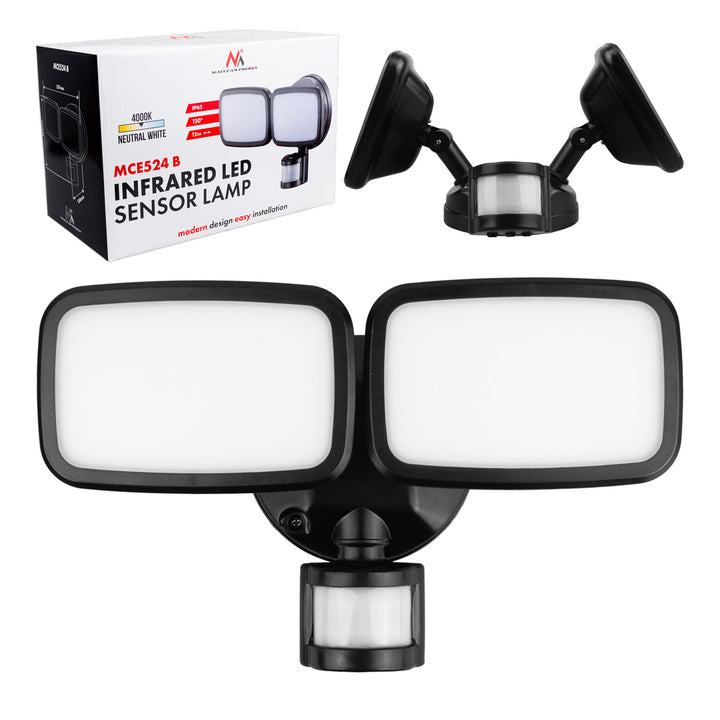 Lampă de perete LED Maclean, cu senzor PIR, 20 W, 1500 lm, IP65, alb neutru 4000 K, negru, MCE524 B