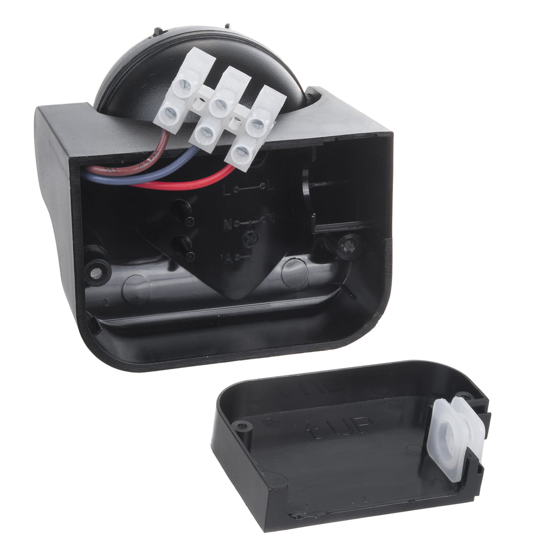 Senzor de mișcare Maclean PIR, infraroșu, IP44, negru cu capac negru, rază de acțiune 12 m, sarcină maximă 300/1200 W, MCE358 B/B