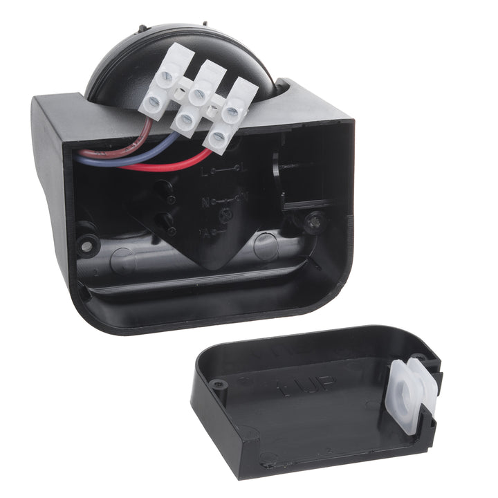 Senzor de mișcare Maclean PIR, infraroșu, IP44, negru cu capac negru, rază de acțiune 12 m, sarcină maximă 300/1200 W, MCE358 B/B