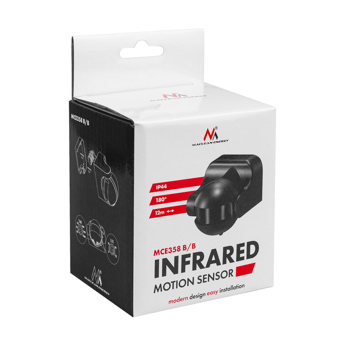 Senzor de mișcare Maclean PIR, infraroșu, IP44, negru cu capac negru, rază de acțiune 12 m, sarcină maximă 300/1200 W, MCE358 B/B