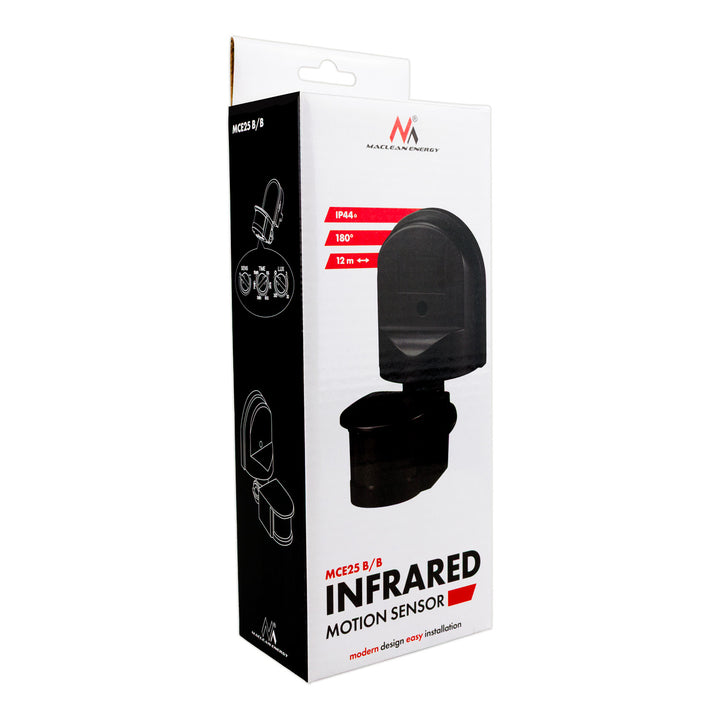Senzor de mișcare și crepuscular Maclean pentru montare pe perete, 180°, max. 1200 W, negru cu capac negru, MCE25 B/B