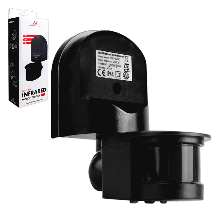 Senzor de mișcare și crepuscular Maclean pentru montare pe perete, 180°, max. 1200 W, negru cu capac negru, MCE25 B/B