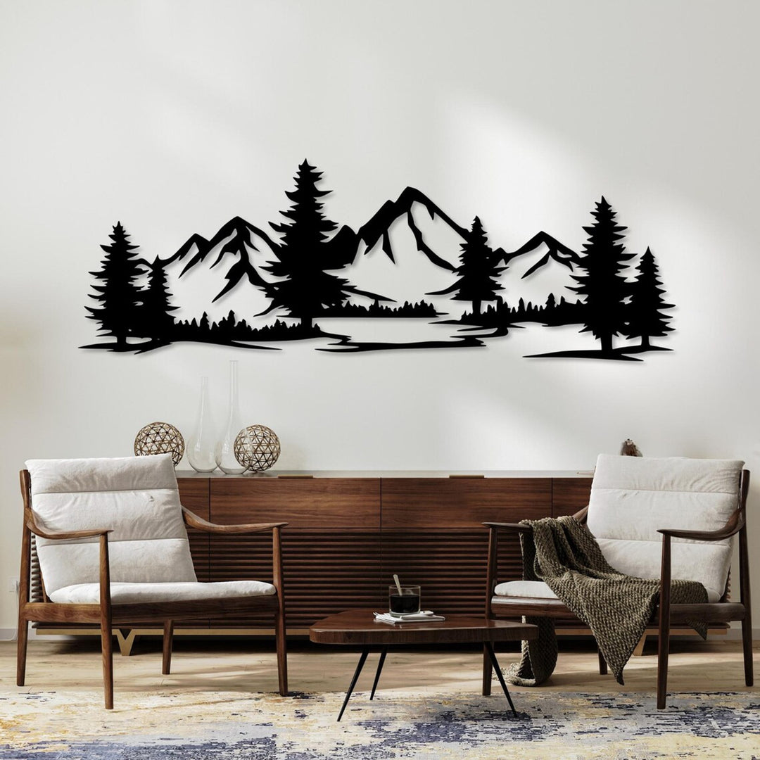 Tablou openwork, decorațiuni de perete 3D, tablou 3D "Munți cu pădure" 200x68cm Negru