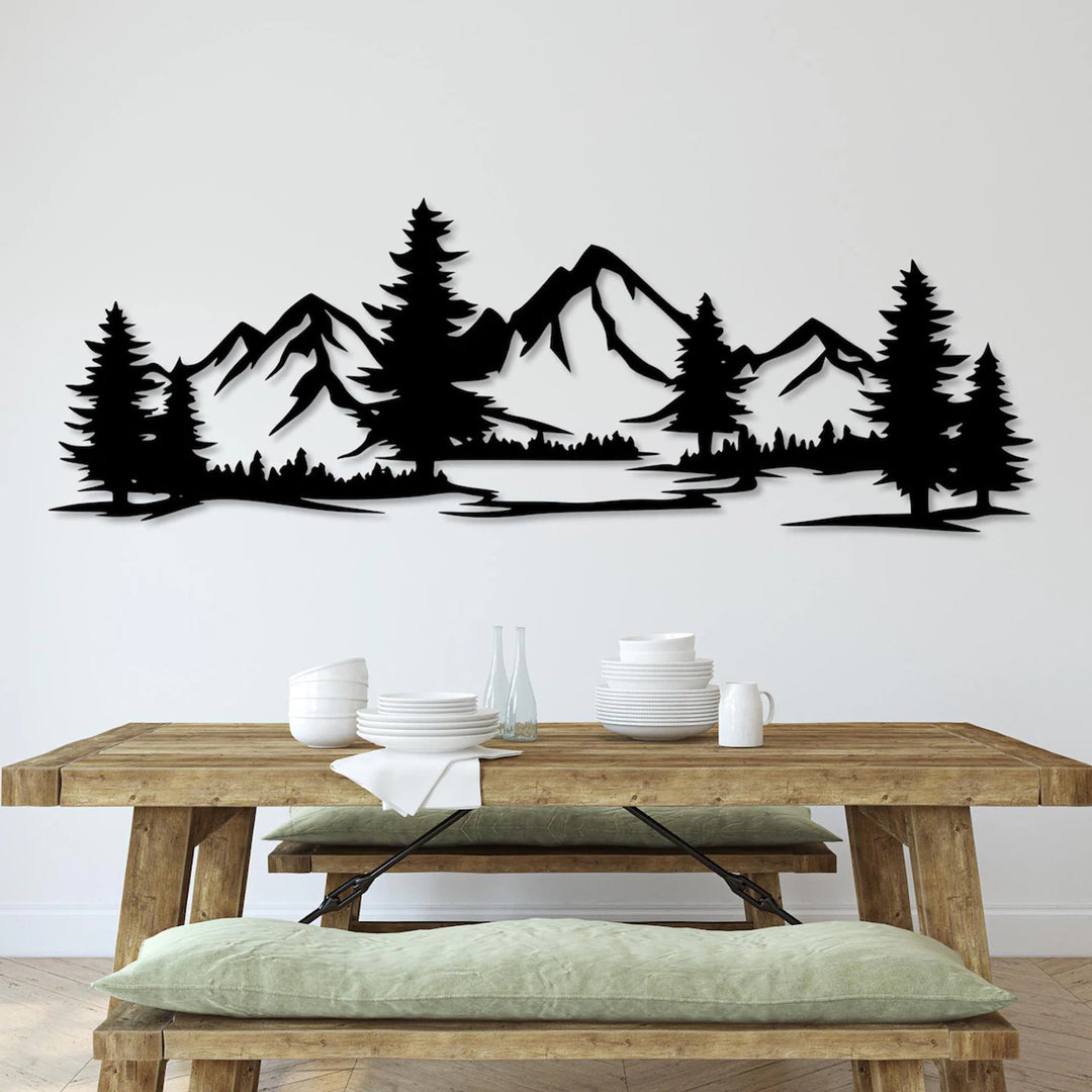Tablou openwork, decorațiuni de perete 3D, tablou 3D "Munți cu pădure" 200x68cm Negru