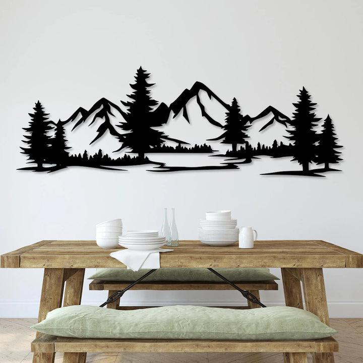 Tablou openwork, decorațiuni de perete 3D, tablou 3D "Munți cu pădure" 200x68cm Negru