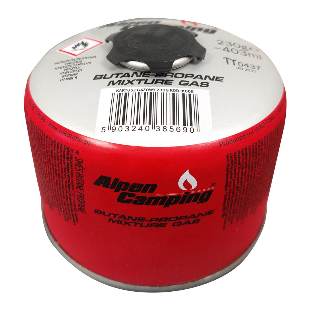 Cartuș de gaz 230g Alpen Camping. Certificat: Pi 0656, în conformitate cu EN417, propan-butan, interval -10°C până la + 40°C, supapă filetată 7/16" IK009