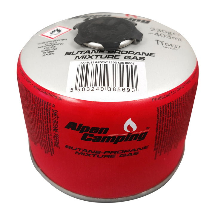 Cartuș de gaz 230g Alpen Camping. Certificat: Pi 0656, în conformitate cu EN417, propan-butan, interval -10°C până la + 40°C, supapă filetată 7/16" IK009