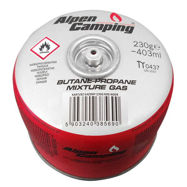 Cartuș de gaz 230g Alpen Camping. Certificat: Pi 0656, în conformitate cu EN417, propan-butan, interval -10°C până la + 40°C, supapă filetată 7/16" IK009
