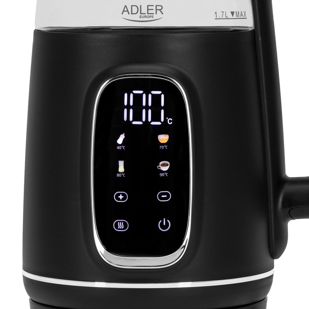Fierbător electric din sticlă 1.7L Adler, Negru și argintiu, Control temperatură, Afișaj LED, AD 1305 bs