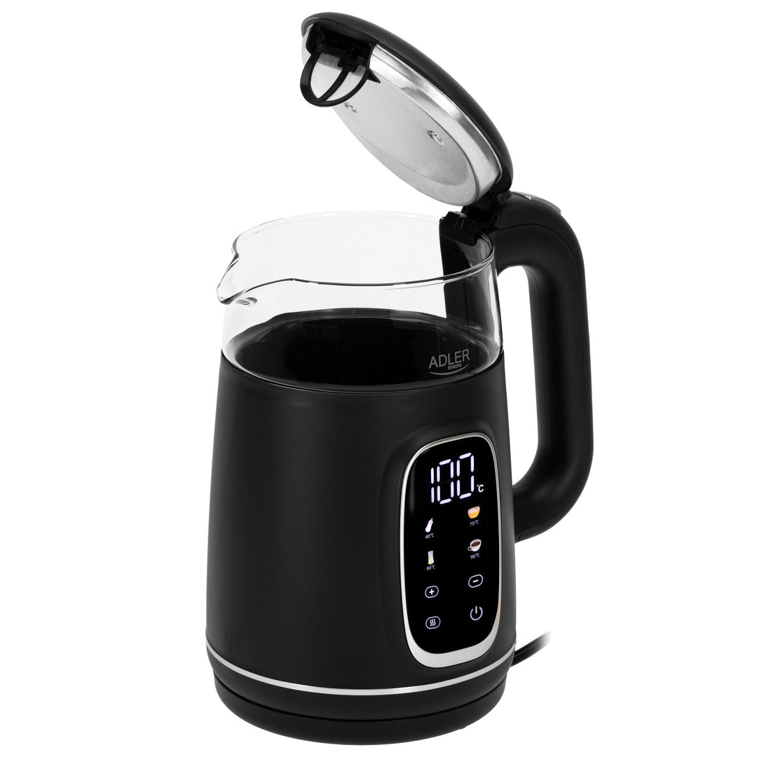 Fierbător electric din sticlă 1.7L Adler, Negru și argintiu, Control temperatură, Afișaj LED, AD 1305 bs