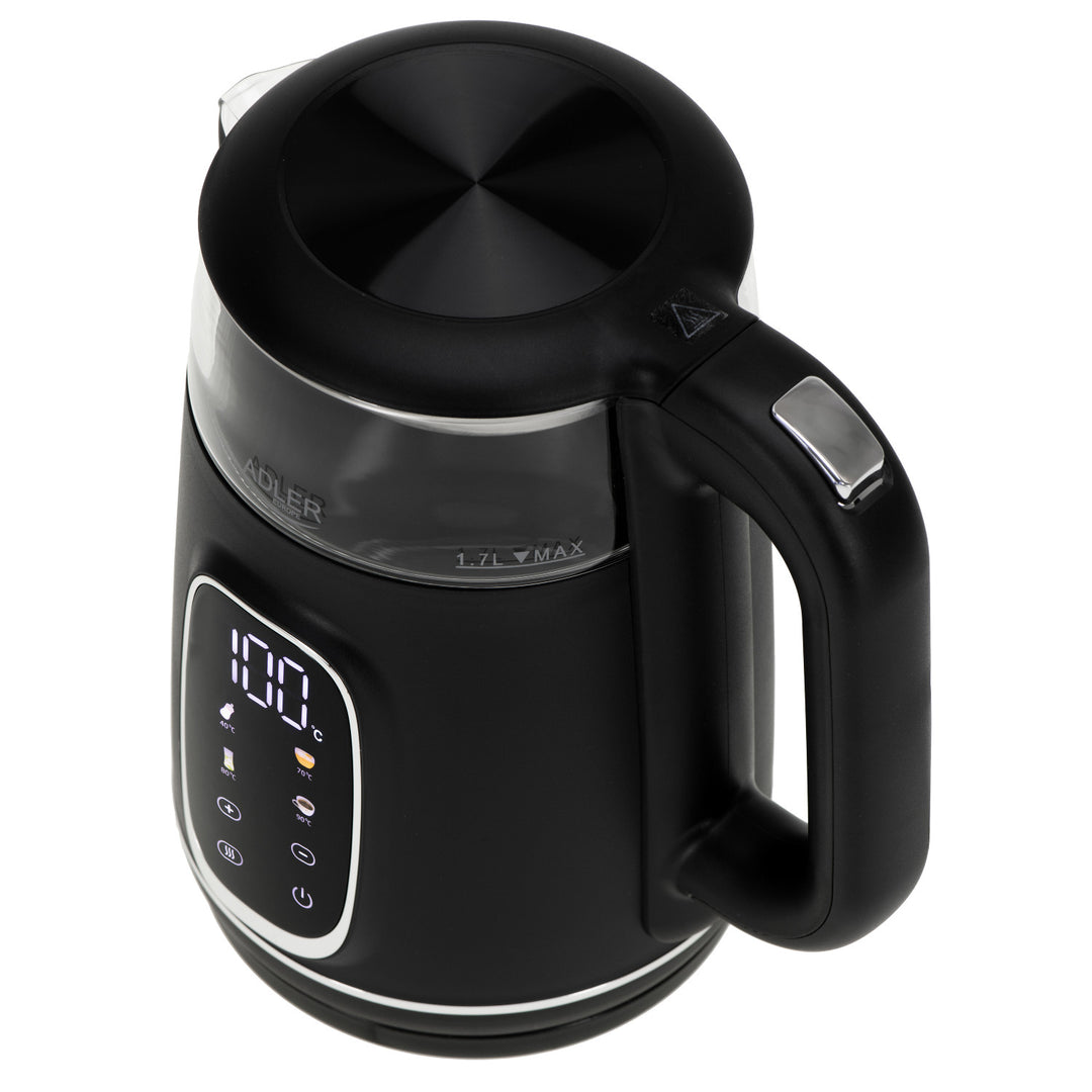 Fierbător electric din sticlă 1.7L Adler, Negru și argintiu, Control temperatură, Afișaj LED, AD 1305 bs