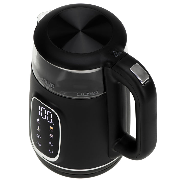 Fierbător electric din sticlă 1.7L Adler, Negru și argintiu, Control temperatură, Afișaj LED, AD 1305 bs