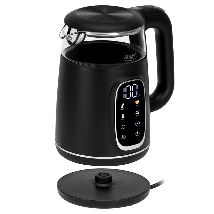 Fierbător electric din sticlă 1.7L Adler, Negru și argintiu, Control temperatură, Afișaj LED, AD 1305 bs