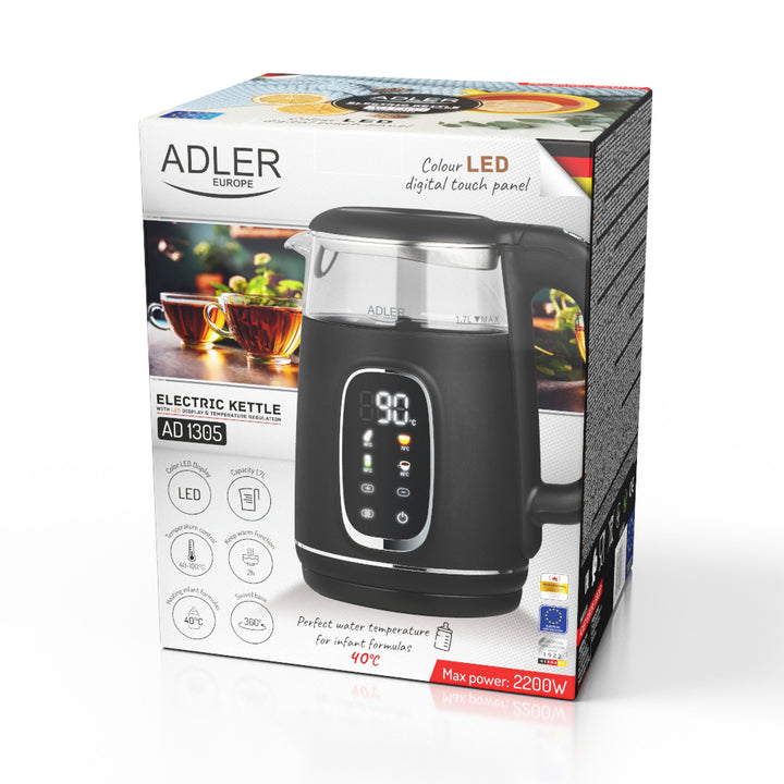 Fierbător electric din sticlă 1.7L Adler, Negru și argintiu, Control temperatură, Afișaj LED, AD 1305 bs