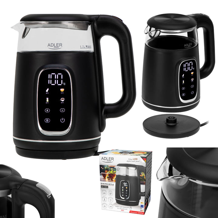 Fierbător electric din sticlă 1.7L Adler, Negru și argintiu, Control temperatură, Afișaj LED, AD 1305 bs