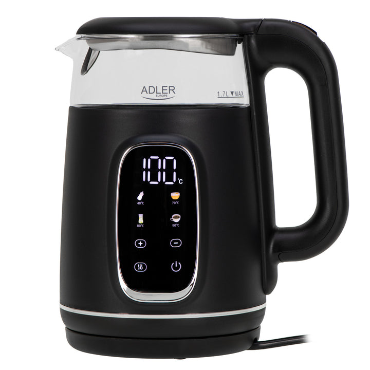 Fierbător electric din sticlă 1.7L Adler, Negru și argintiu, Control temperatură, Afișaj LED, AD 1305 bs