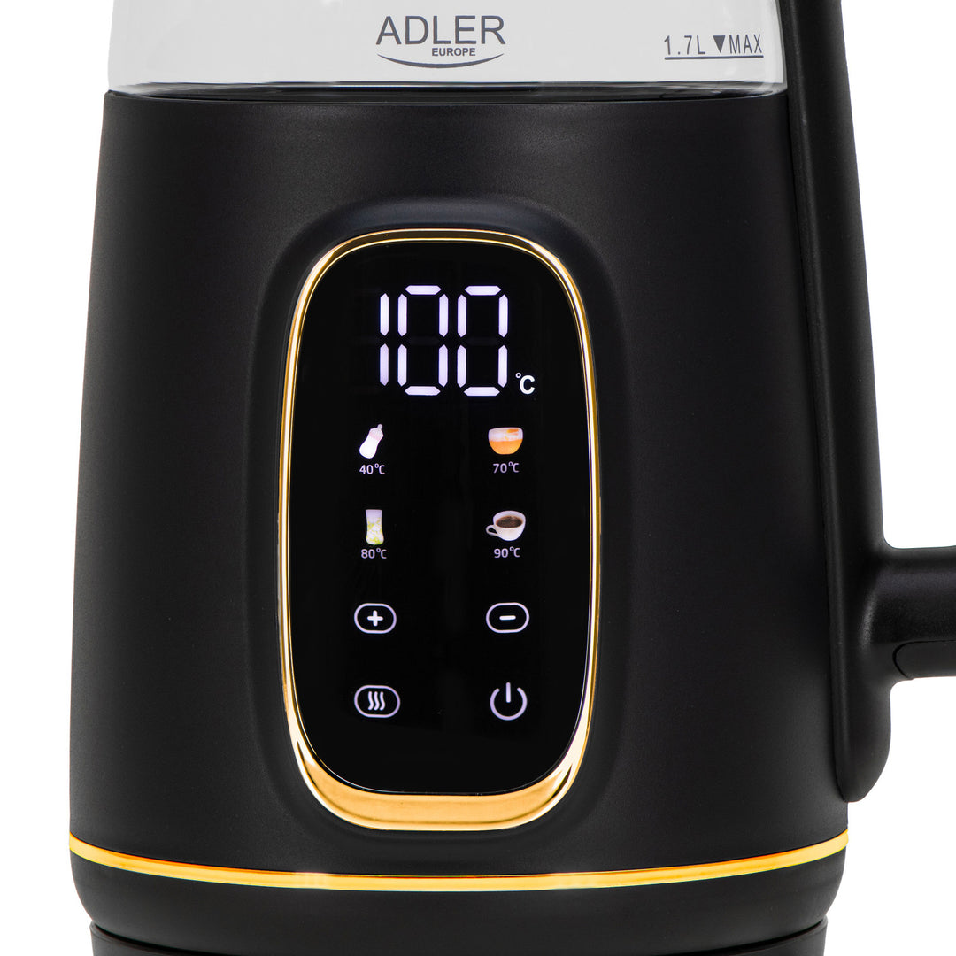 Fierbător electric de sticlă Adler 1.7L, Negru și auriu, Control temperatură, Afișaj LED, AD 1305 bg