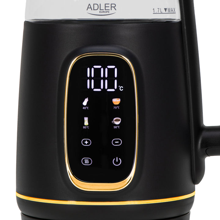 Fierbător electric de sticlă Adler 1.7L, Negru și auriu, Control temperatură, Afișaj LED, AD 1305 bg