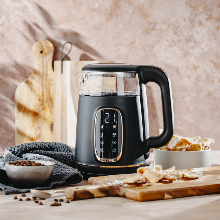 Fierbător electric de sticlă Adler 1.7L, Negru și auriu, Control temperatură, Afișaj LED, AD 1305 bg